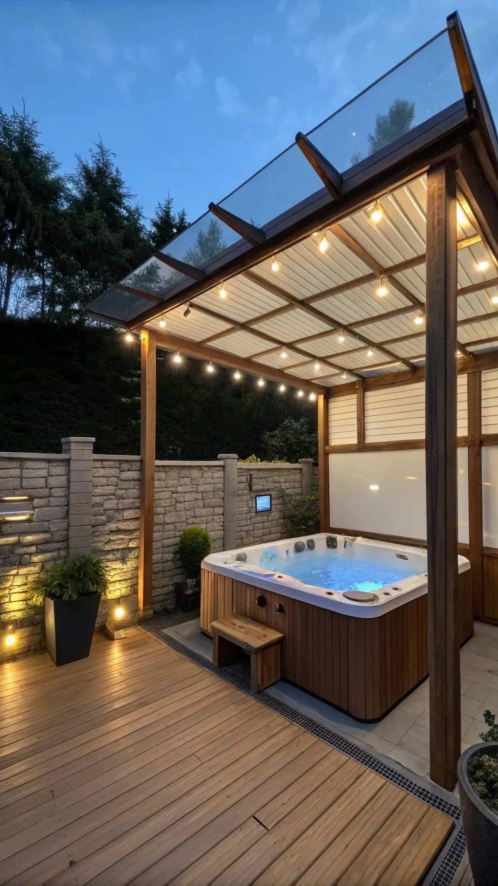 Luxurious hot tub gazebo with teak decking, LED floor lights, and privacy screens
