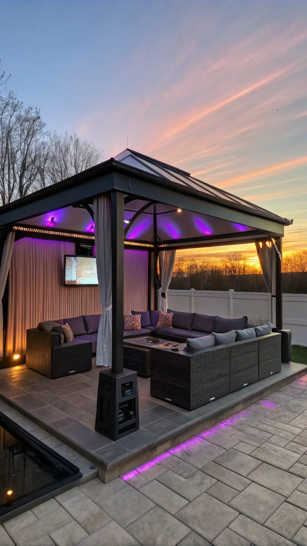 High-tech gazebo interior with velvet sectional, voice-controlled blinds, and LED ceiling lighting