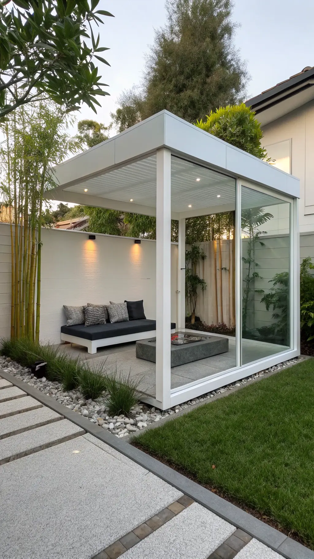 Minimalist white gazebo with glass panels surrounded by bamboo and rock garden