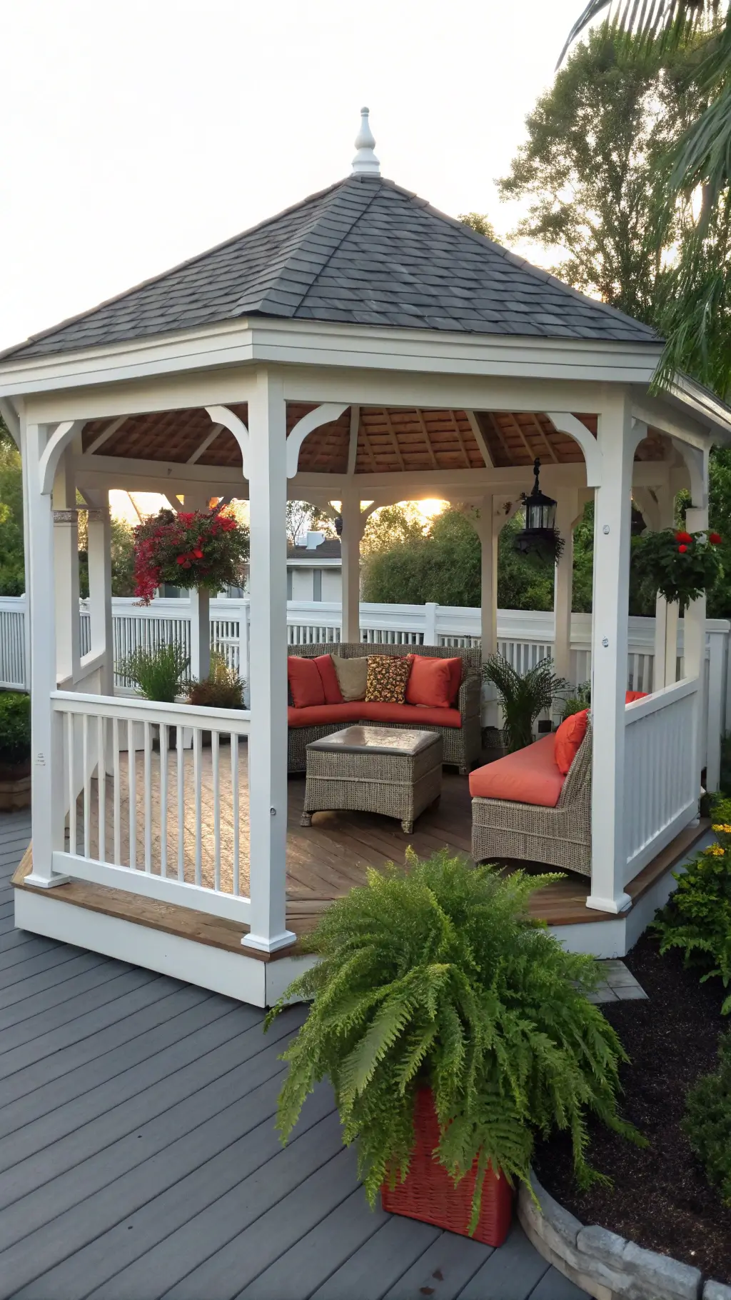 White vinyl octagonal gazebo with gray roof, wicker furniture, and hanging plants
