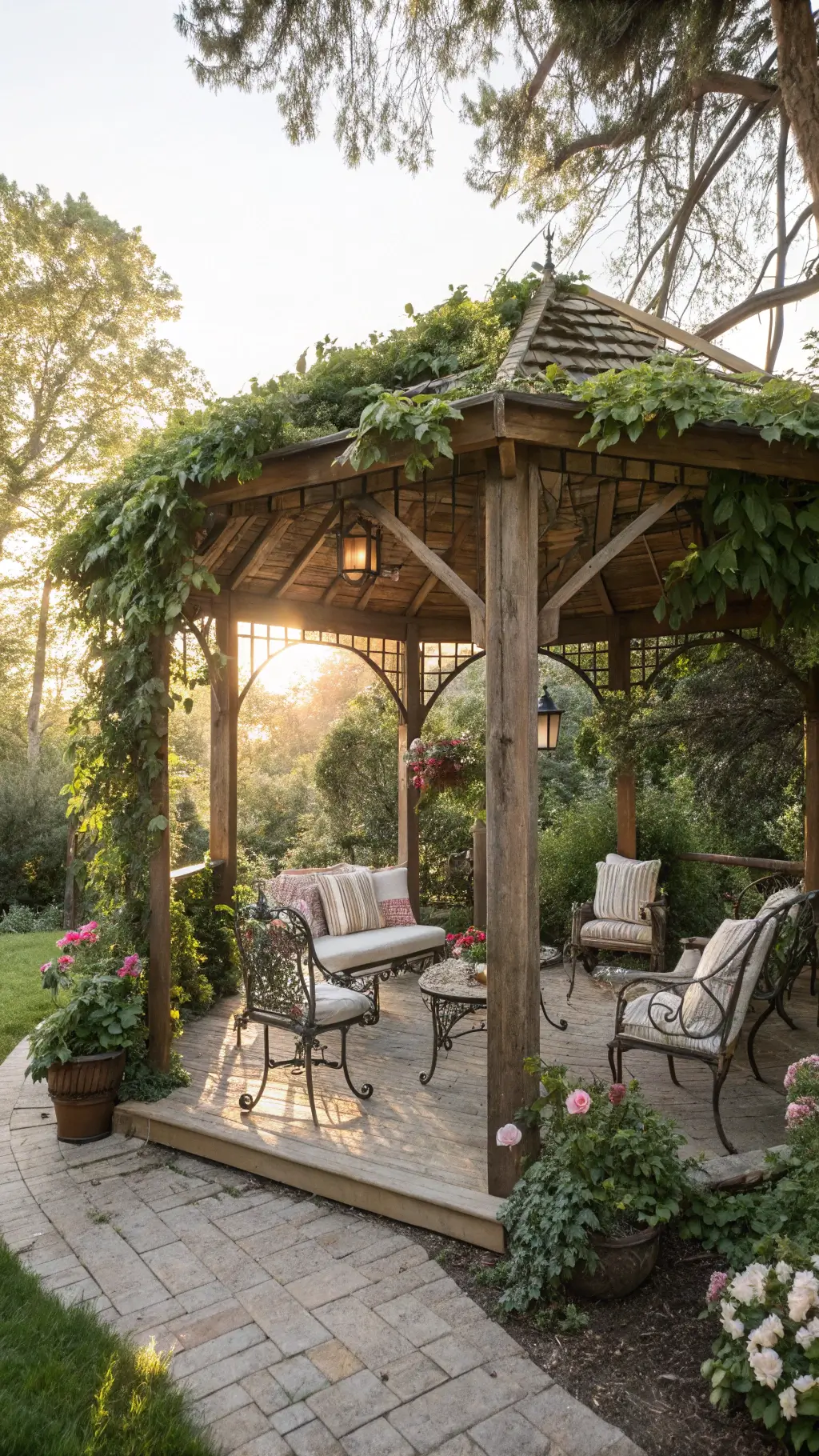 Gazebo enveloped in climbing roses and ivy with vintage chairs and hanging baskets