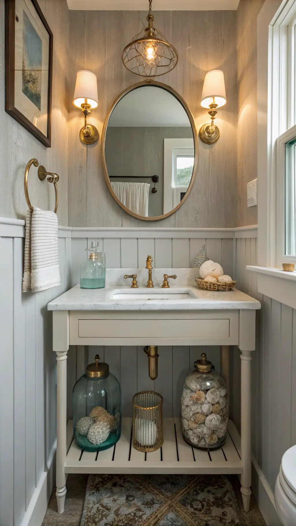 Vintage-inspired powder room with pale gray board and batten walls, brass console sink, round rattan mirror, and glass canisters filled with shells