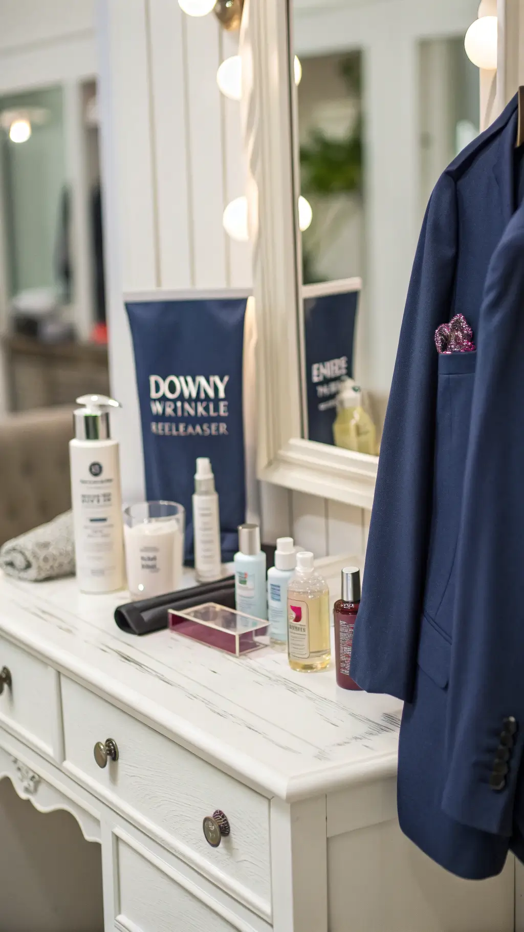 White dresser with beauty products including Downy Wrinkle Releaser, navy blazer freshly sprayed and hanging nearby.