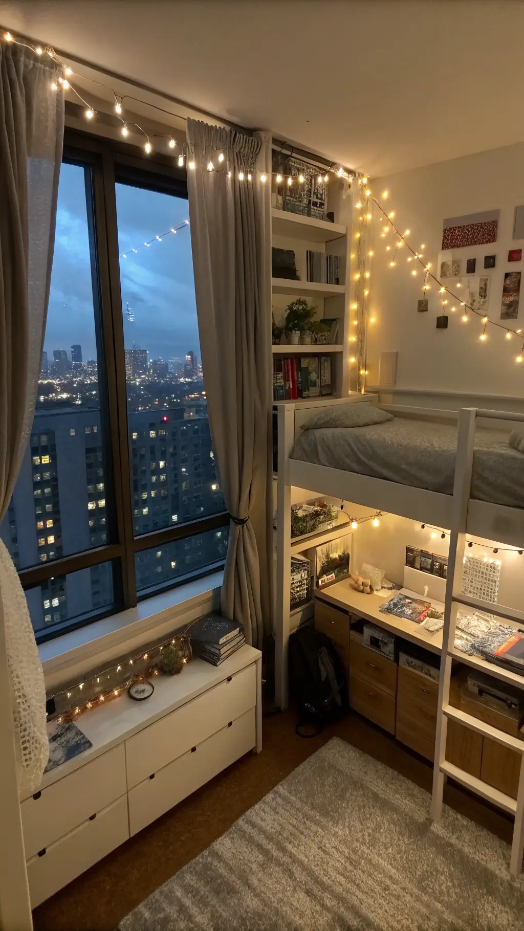Urban-style dorm room at dusk with blackout curtains, multi-level storage including floating shelves and under-bed bins, illuminated by string lights.