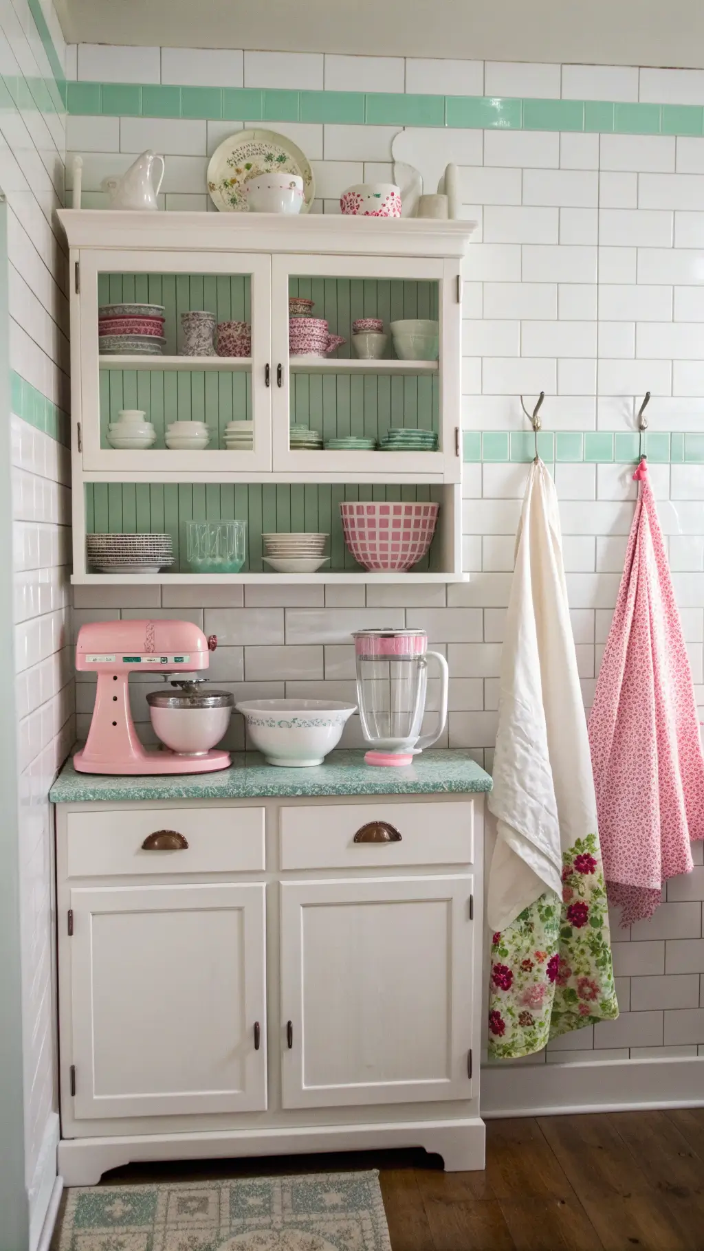 Vintage baking station with white tile backsplash, mint green accent stripe, restored Hoosier cabinet with vintage cake stands and mixing bowls, pink depression glass on open shelves, gingham aprons on hooks, and Kitchen Aid mixer, cookie cutters and spice tins in bright, soft-lit setting.