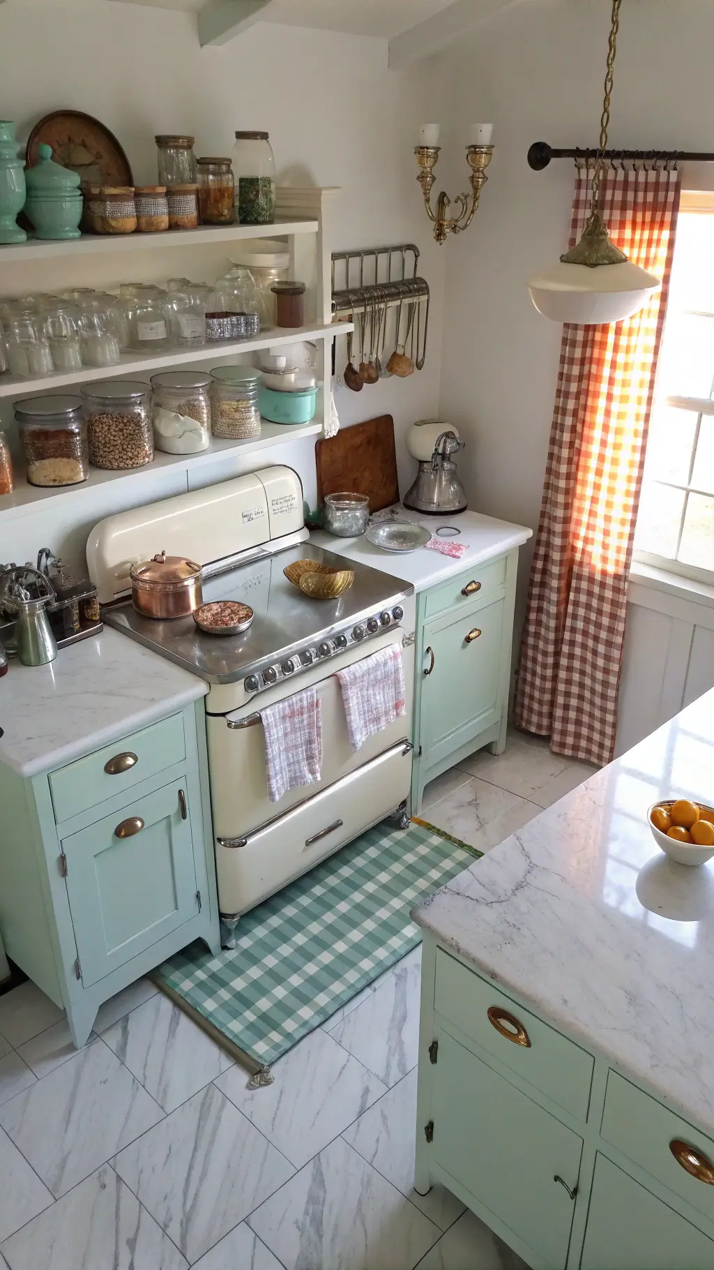 Vintage kitchen with white metal cabinets, cream and chrome O' Merritt stove, pastel mixing bowls, marble countertop, glass canisters, baking essentials, gingham curtains, hanging copper pots in late afternoon light.