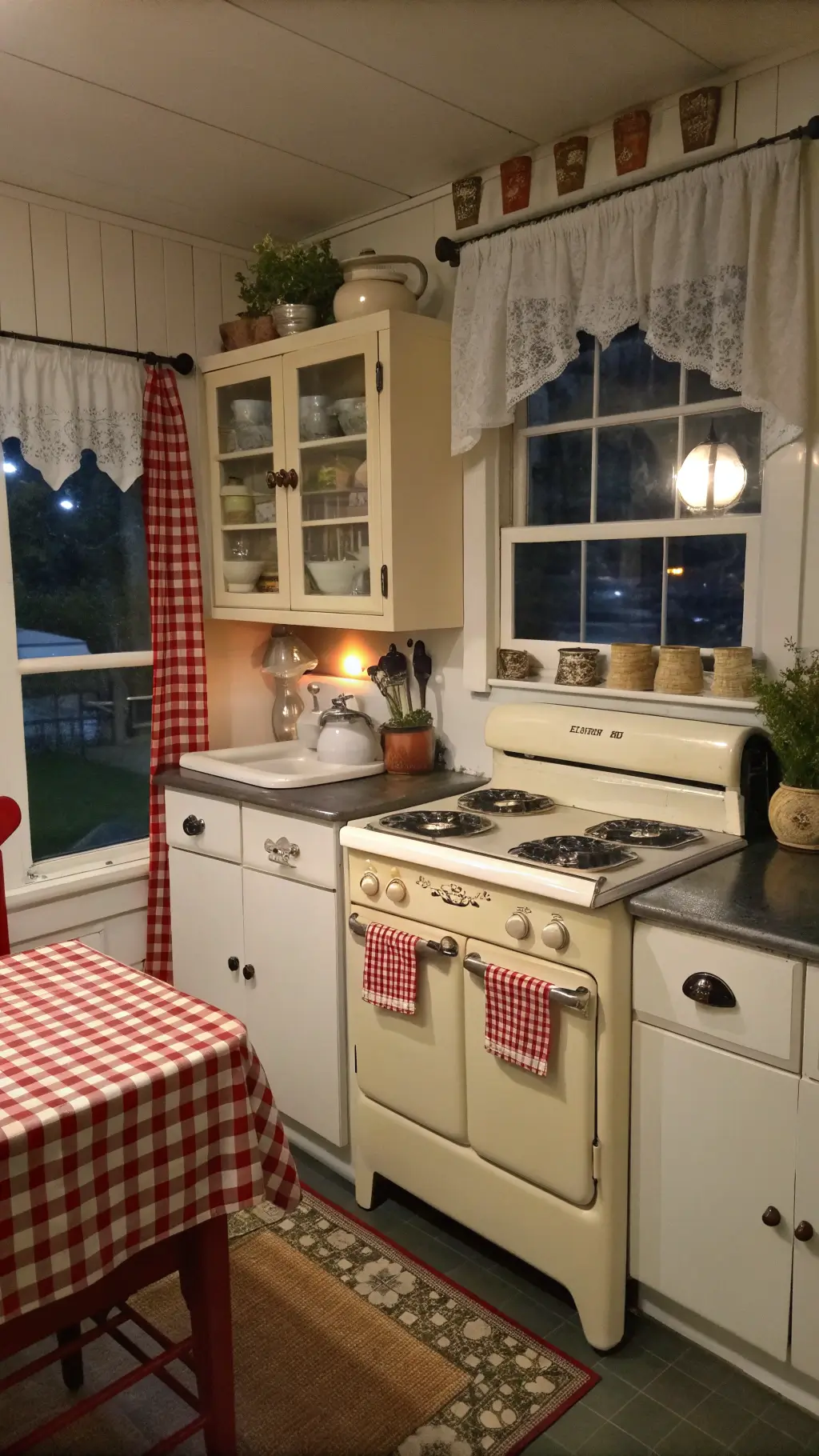 Vintage kitchen interior at dusk featuring a restored magic chef stove, jadeite dishware in glass-front cabinets, red and white checkered curtains, kitchenware on counters.