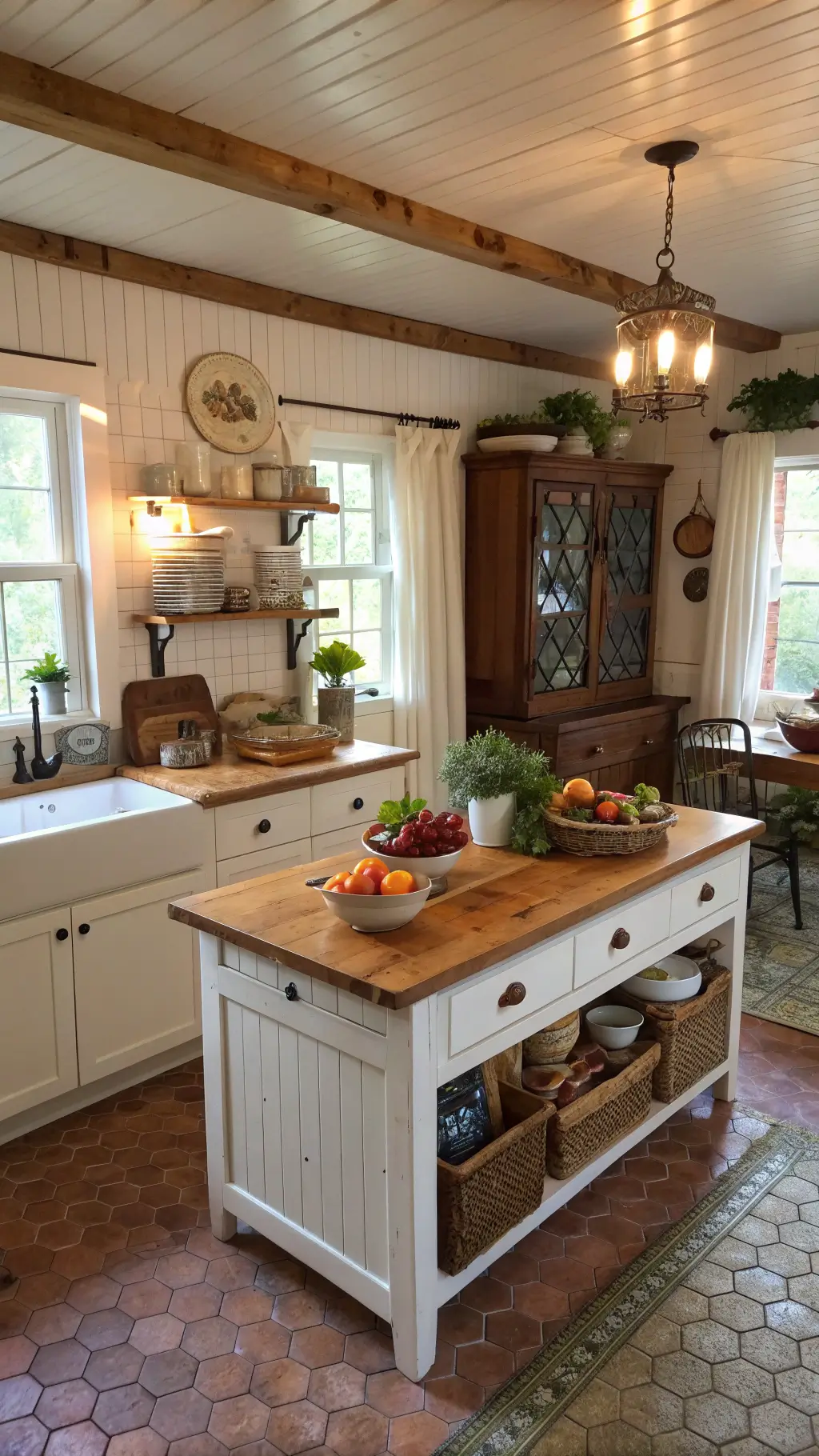 Vintage farmhouse kitchen with butcher block island, antique pie safe, subway tiles, hexagon floor, and cotton cafe curtains filtering morning light.