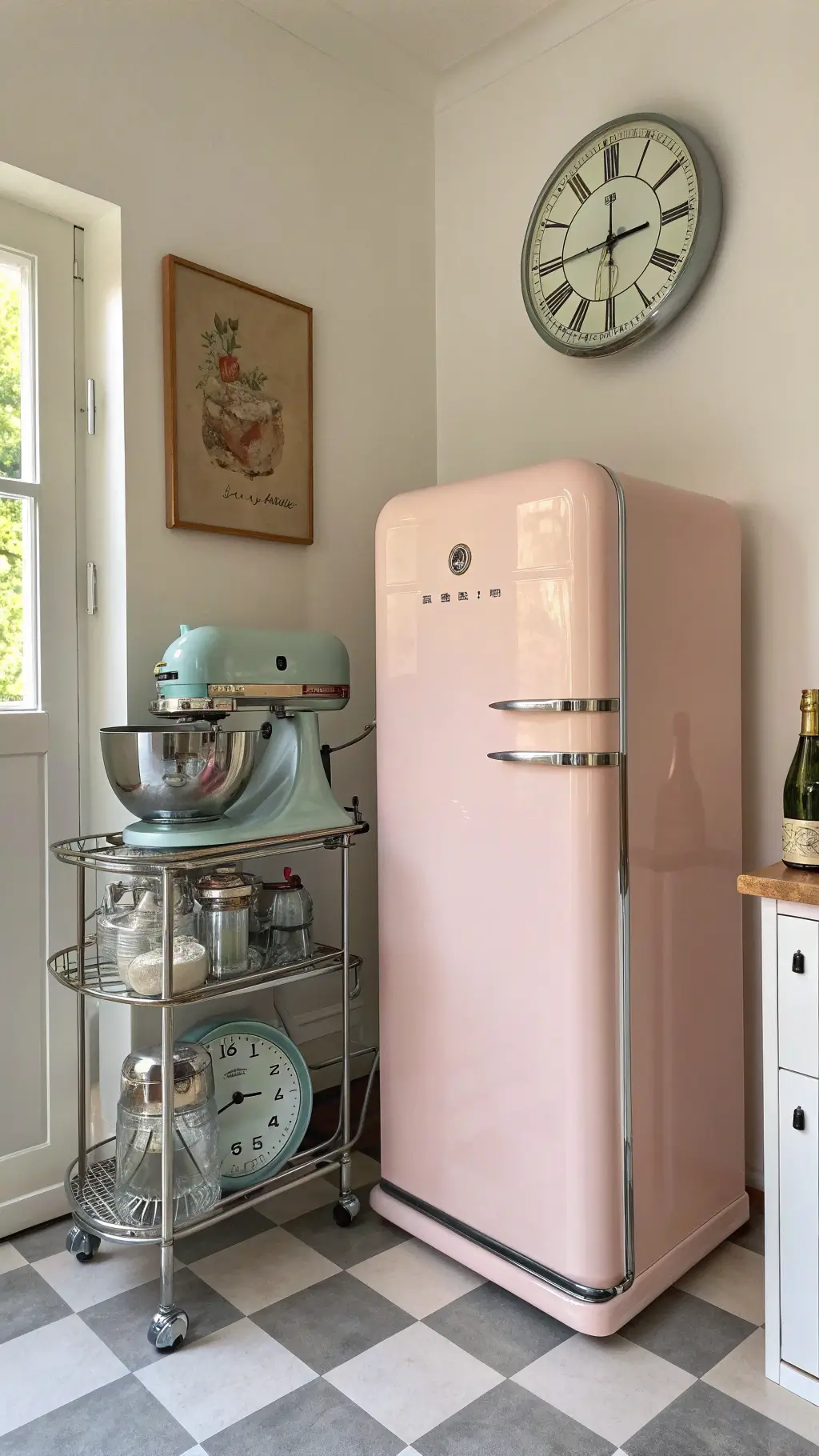 Vintage kitchen scene with pastel pink Smeg refrigerator and mixer, chrome bar cart, Fire King jadeite collection, atomic wall clock, breadbox on checkered floor, afternoon sunlight filtering through textured window.