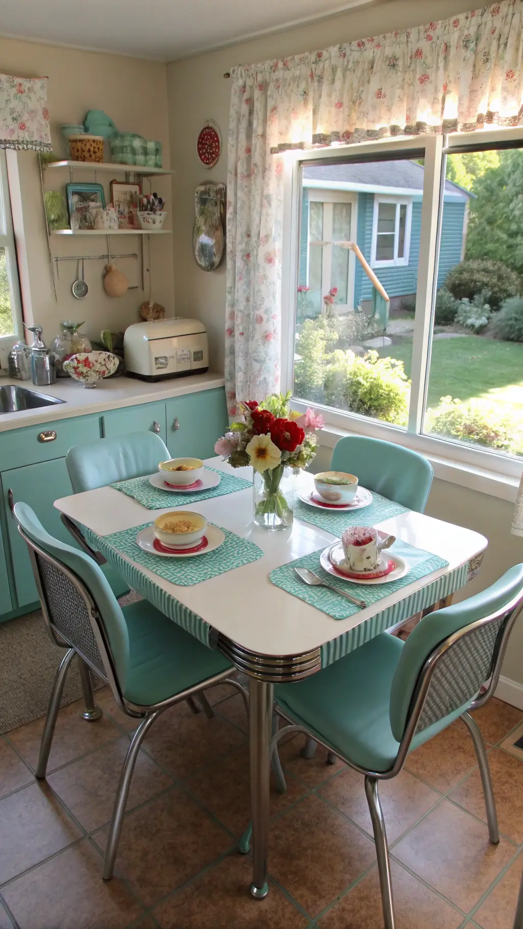 Vintage breakfast setup in a dinette with aqua vinyl chairs, ruffled curtains framing garden view, formica counters, retro toaster, percolator, bread box, wall-mounted plate rack, collector plates, styled cloth napkins, fresh flowers, morning light.