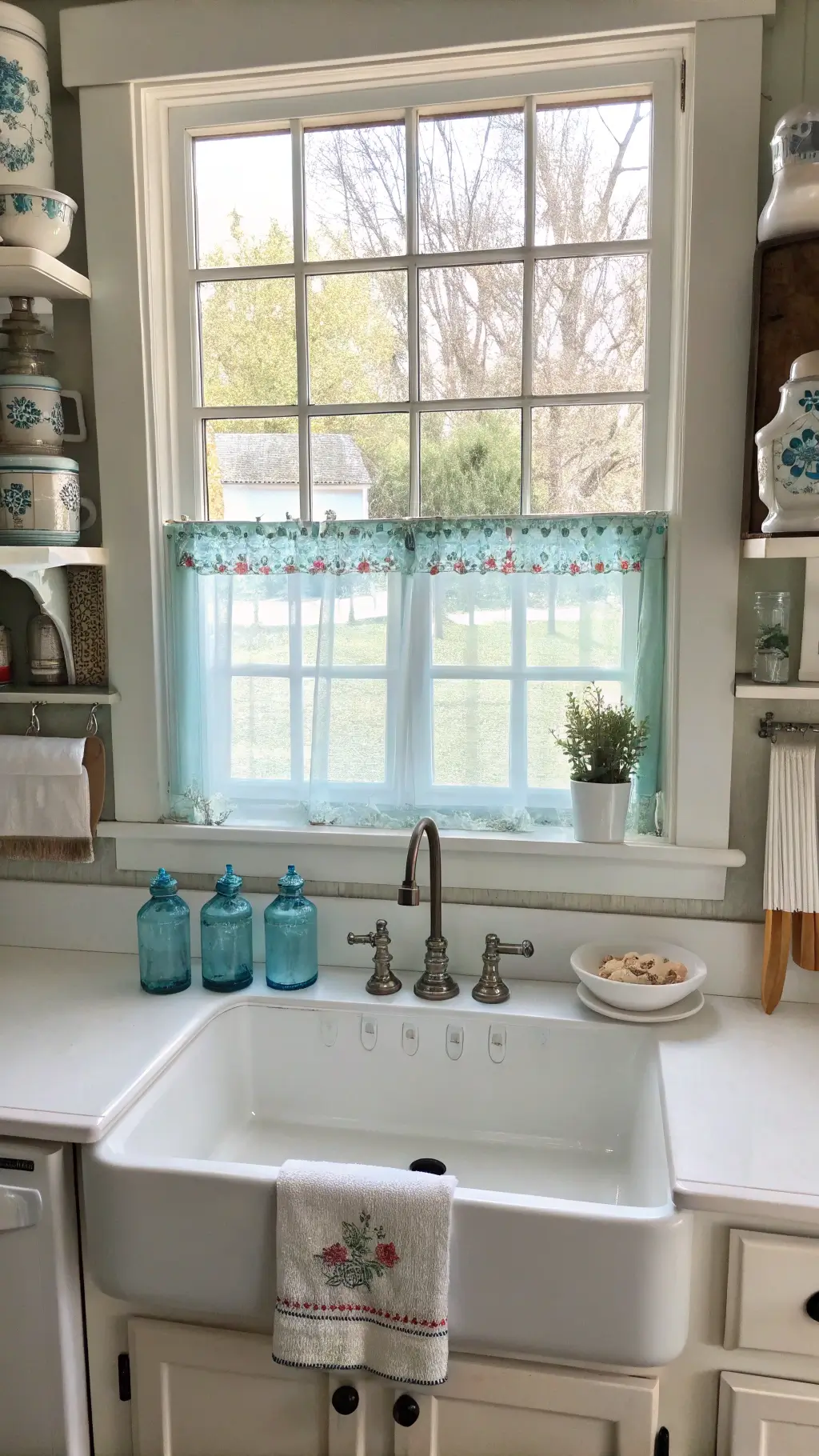 Vintage farmhouse sink area with mint cabinets, open shelving, blue Ball jars, white ironstone, and potted herbs beneath a multi-pane window with embroidered curtains illuminated by natural light.