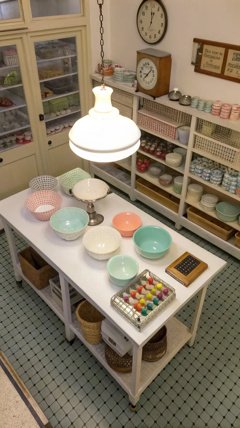 Bird's eye view of a vintage baking center with white enamel table, pastel Pyrex bowls, ceramic mixing bowls, old kitchen scale, spice tins, and gingham-lined baskets on patterned linoleum floor under milk glass pendant lamp.