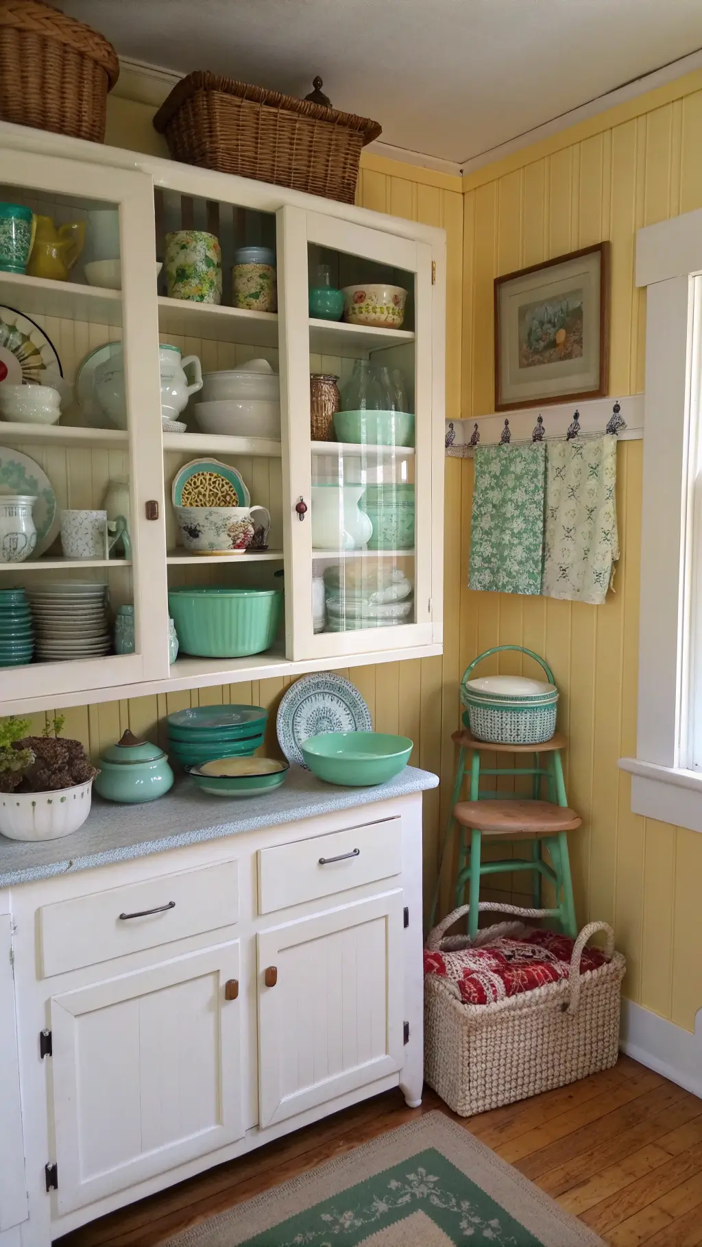 Vintage kitchen corner showcasing Fire King, Pyrex, and jadeite collections in glass-front cabinets, enamelware arranged on open shelves, soft yellow beadboard walls, step stool, market basket, tea towels, pottery with natural side lighting.