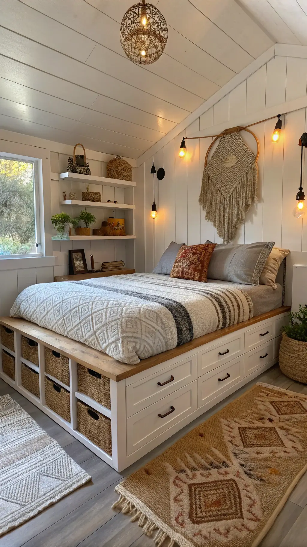 Cozy cabin bedroom with platform bed featuring built-in drawers, layered linens, brass lighting, and woven decor