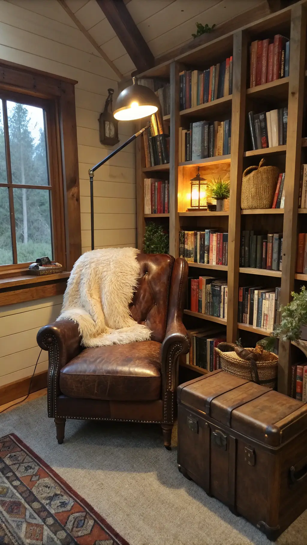 Inviting reading nook in a small cabin with weathered leather chair, floor-to-ceiling bookshelves, brass lamp, vintage trunk, and trailing plants