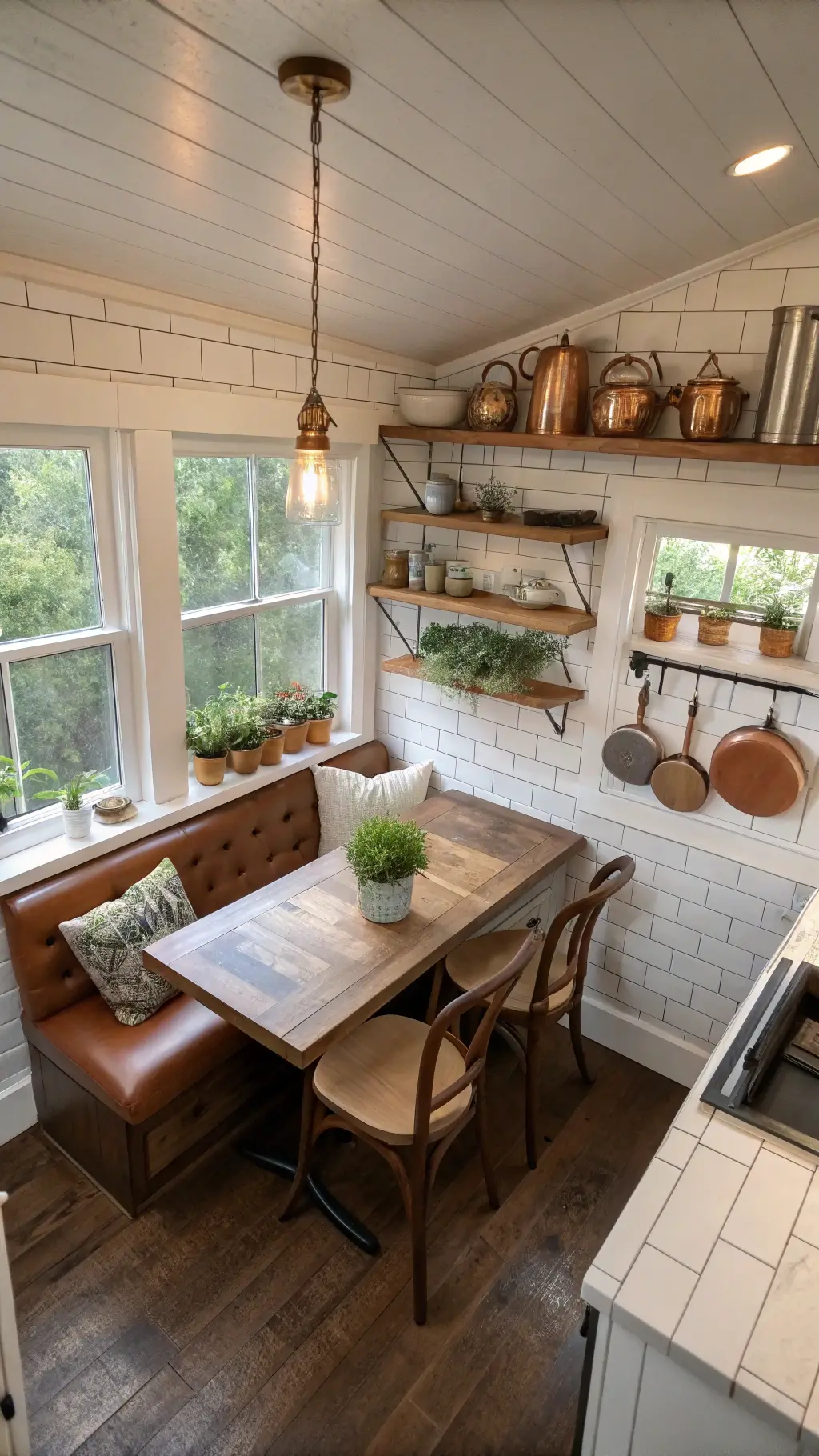 Elevated view of a compact cabin kitchen with white subway tiles, hanging copper pots, fold-out walnut table, and open shelves with pottery
