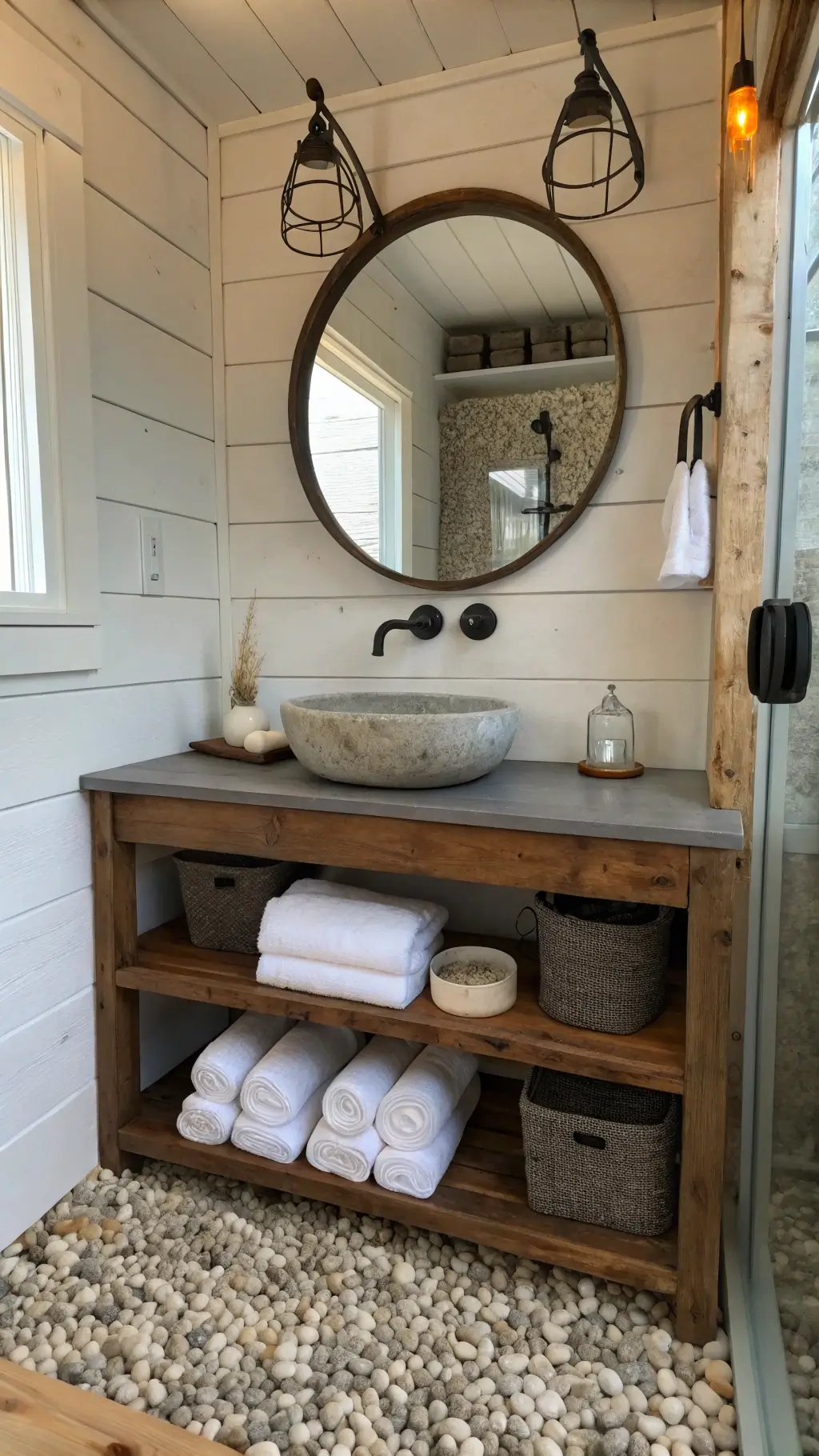 Minimalist cabin bathroom with reclaimed wood vanity, concrete sink, open shelving, pebble shower floor, matte black fixtures, and skylight