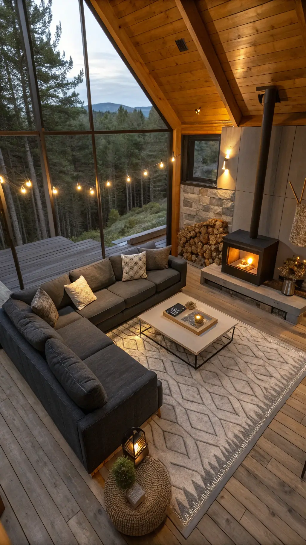 Overhead view of cozy cabin living room with charcoal linen sectional, brass and marble coffee tables, geometric rug, wood stove, and warm lighting