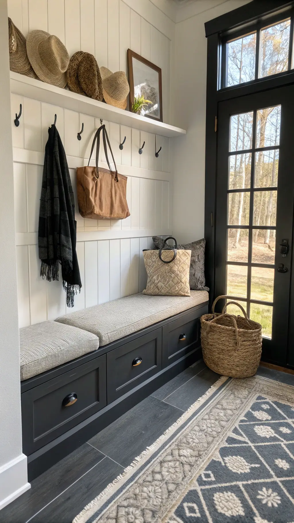 Small mudroom with built-in bench storage, black hooks, canvas bags, woven hats, vintage runner, slate flooring, and antique mirror
