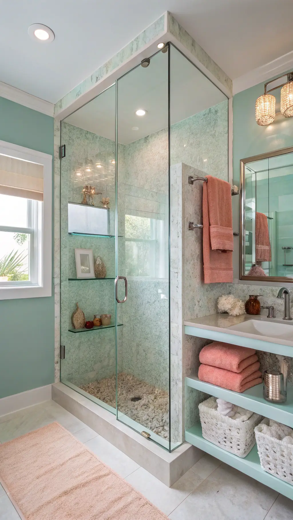 Modern bathroom with cascading mother-of-pearl tiled shower, teal ombré walls, rose gold fixtures glowing in morning light, coral Turkish towels, and a curated shell display on floating shelves.