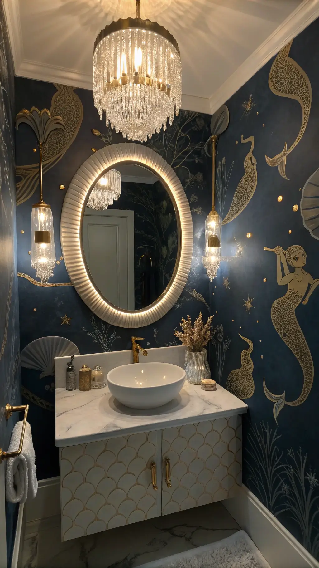 Sophisticated powder room with navy and gold accents, backlit mirror, watercolor mermaid mural, sparkling crystal pendant lights, and a carved marble sink.