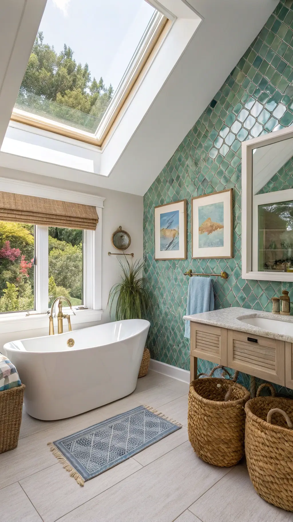 Spacious master bathroom with vaulted ceiling, skylight, blue-green glass tile accent wall, freestanding tub with brushed gold faucet, seagrass baskets, rope-wrapped mirrors, and coastal-themed artwork.