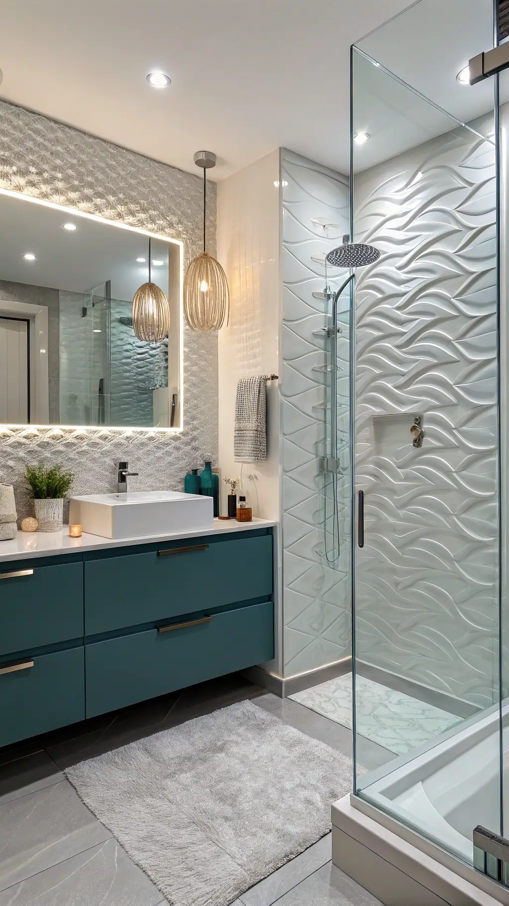 Contemporary bathroom with white and silver wave-pattern tiles, ambient LED lighting, teal floating vanity with quartz countertop, silver and rose gold accents, bubble-shaped light fixtures, and textured glass shower door.