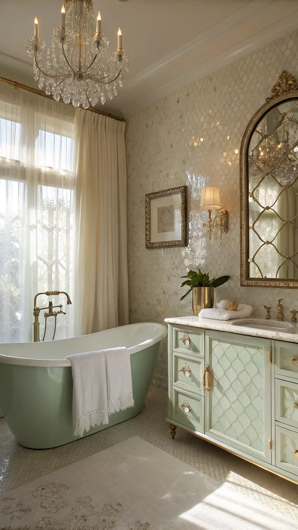 Elegant bathroom with freestanding tub, mother-of-pearl mosaic backdrop, seafoam green vanity with brass hardware, Venetian mirror with shell designs, and soft lighting from a crystal chandelier.