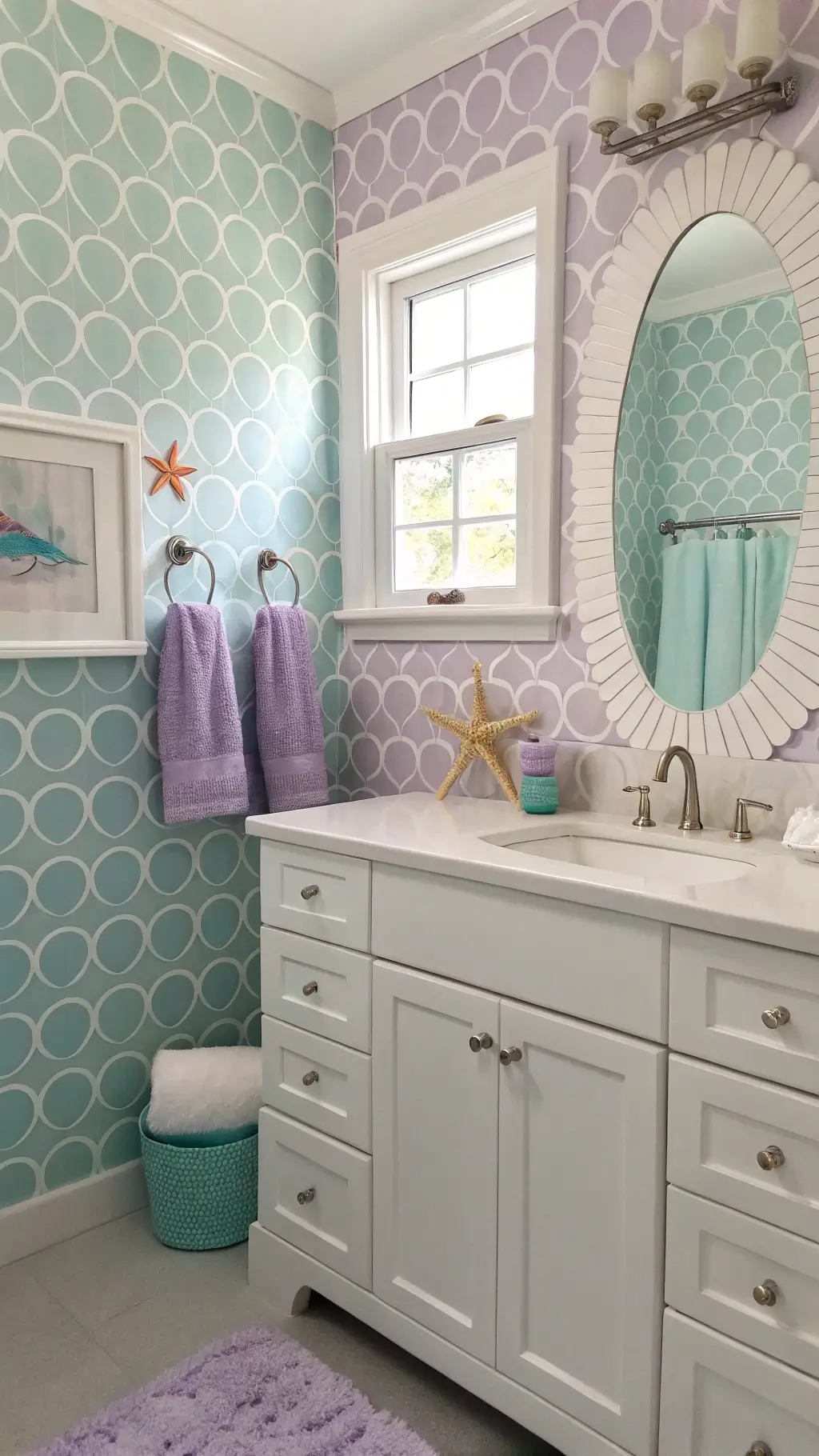 Children's bathroom with lavender and mint mermaid scale wallpaper, seashell window film casting soft light, white vanity with pearl and starfish knobs, bubble-shaped mirrors, and pastel towels in shell holders.