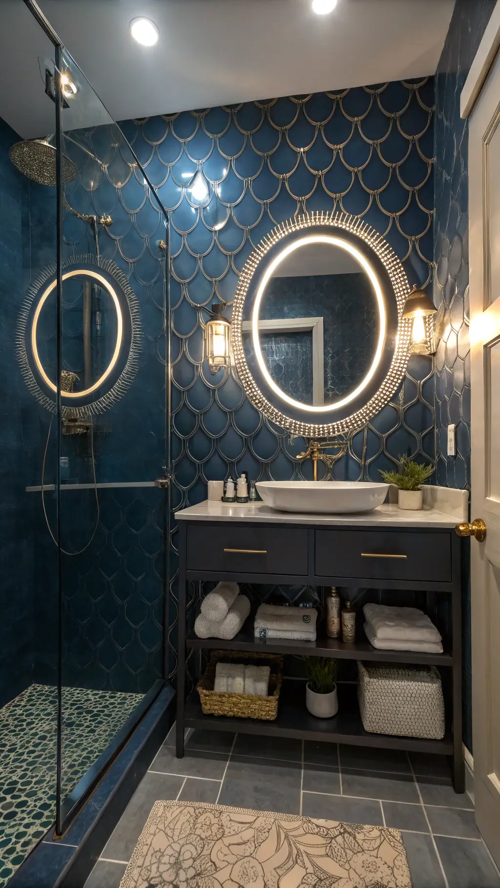 Compact bathroom with deep blue walls adorned with metallic scale decals, illuminated ring mirror creating a moonlit ambiance, chrome fixtures with pearl details, glass shelf displaying sea treasures, and iridescent shower tiles.