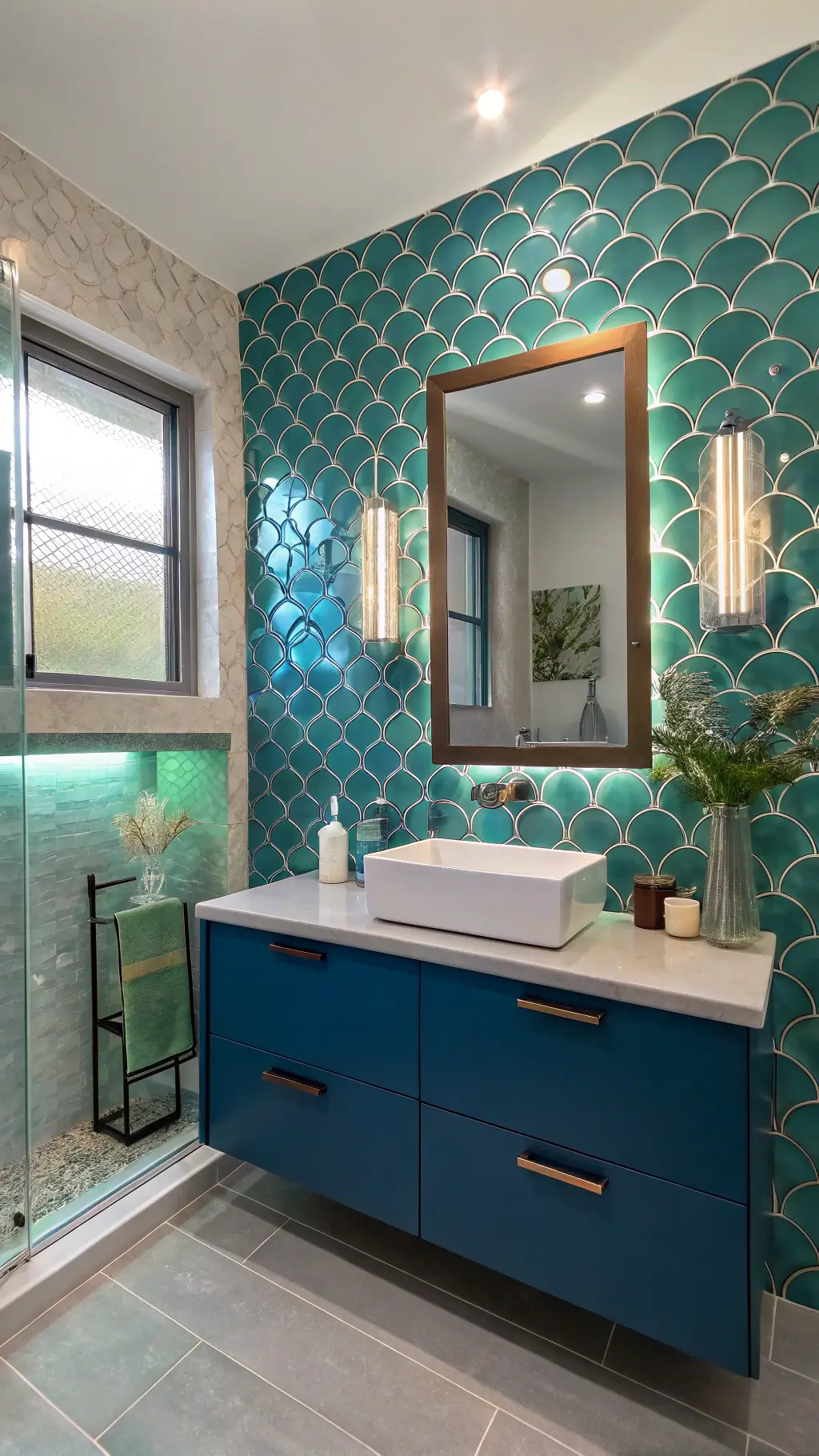Contemporary bathroom with gradient mermaid scale tiles in blues and greens, sunlight filtering through textured glass, deep blue floating vanity, and artistic shell-inspired wall sculptures.