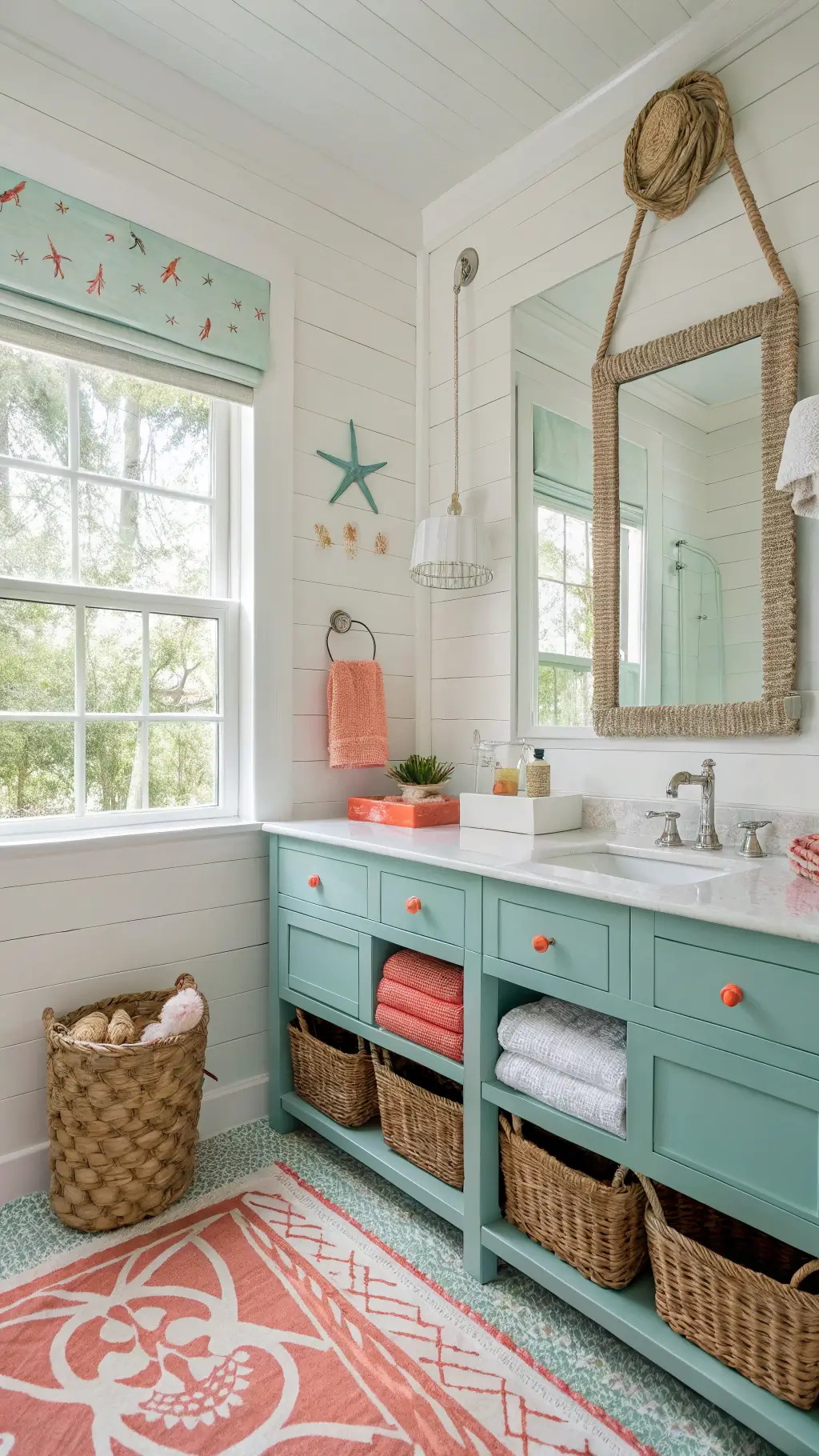 Bright coastal bathroom with natural light, white shiplap walls, aqua and coral accents, double vanity with rope-wrapped mirror, shell tiles, and beach-themed accessories in woven baskets and glass jars.