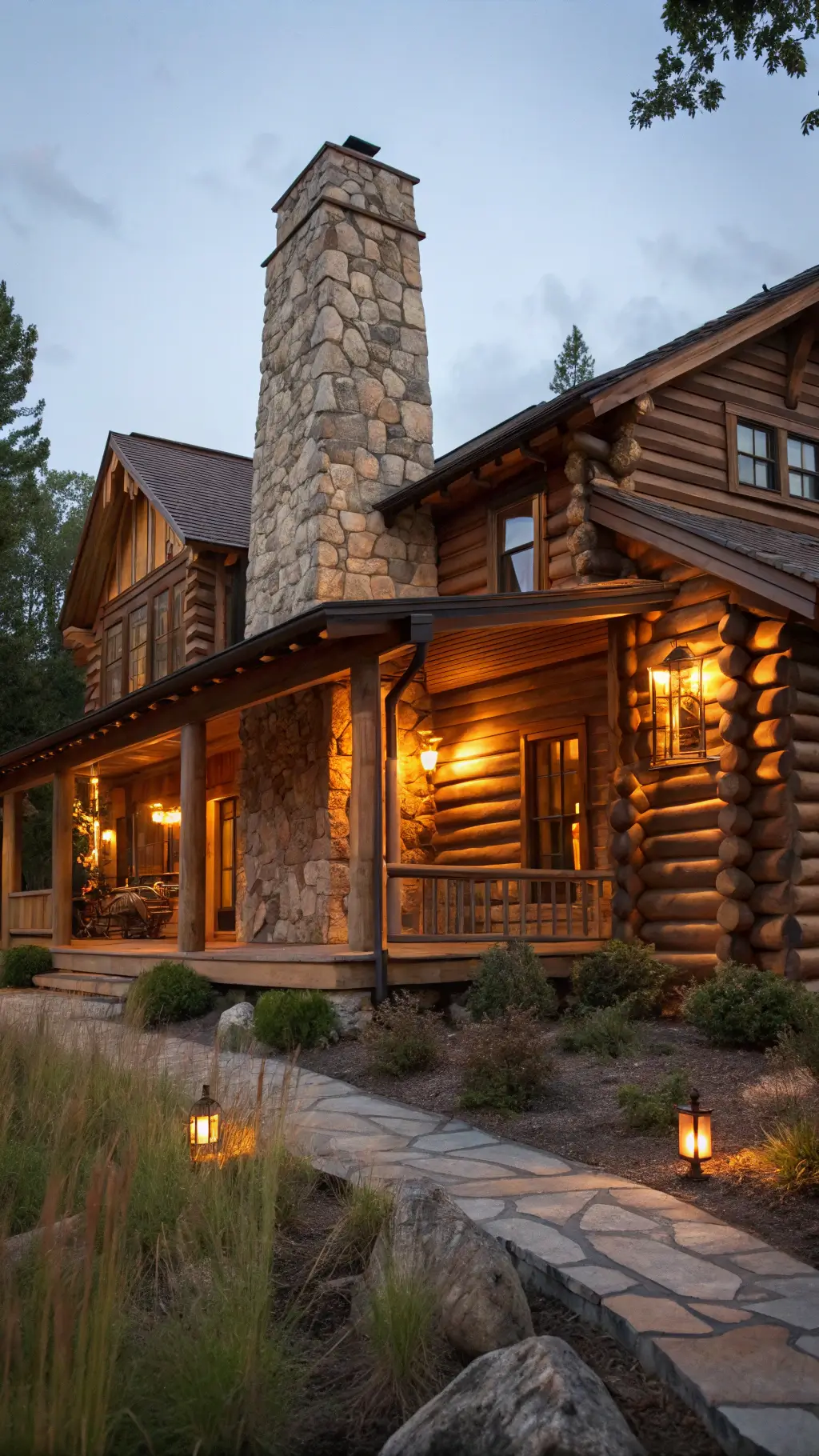 Rustic spruce log cabin glowing warmly at dusk with river rock chimney, iron hardware, and copper lanterns on porch surrounded by native grasses and evergreens