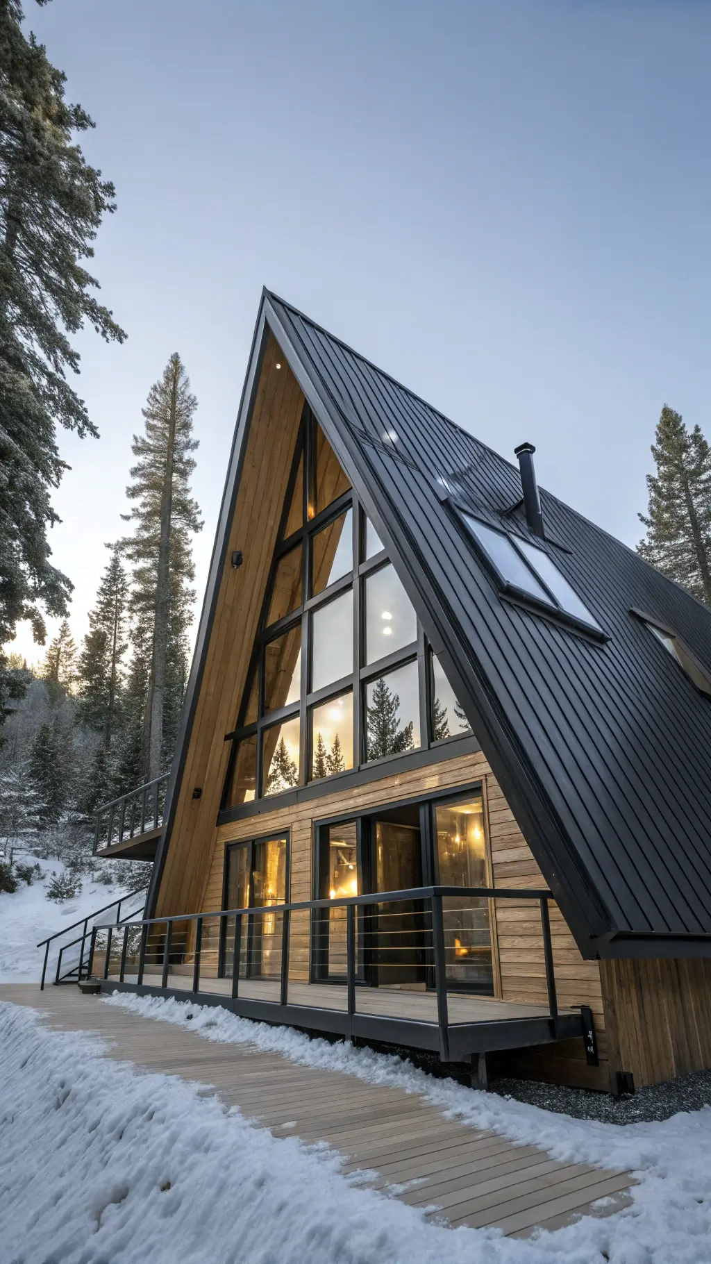 Dramatic A-frame alpine cabin with matte black metal roof, cedar siding, triangular windows, and floating deck surrounded by snow-covered pines