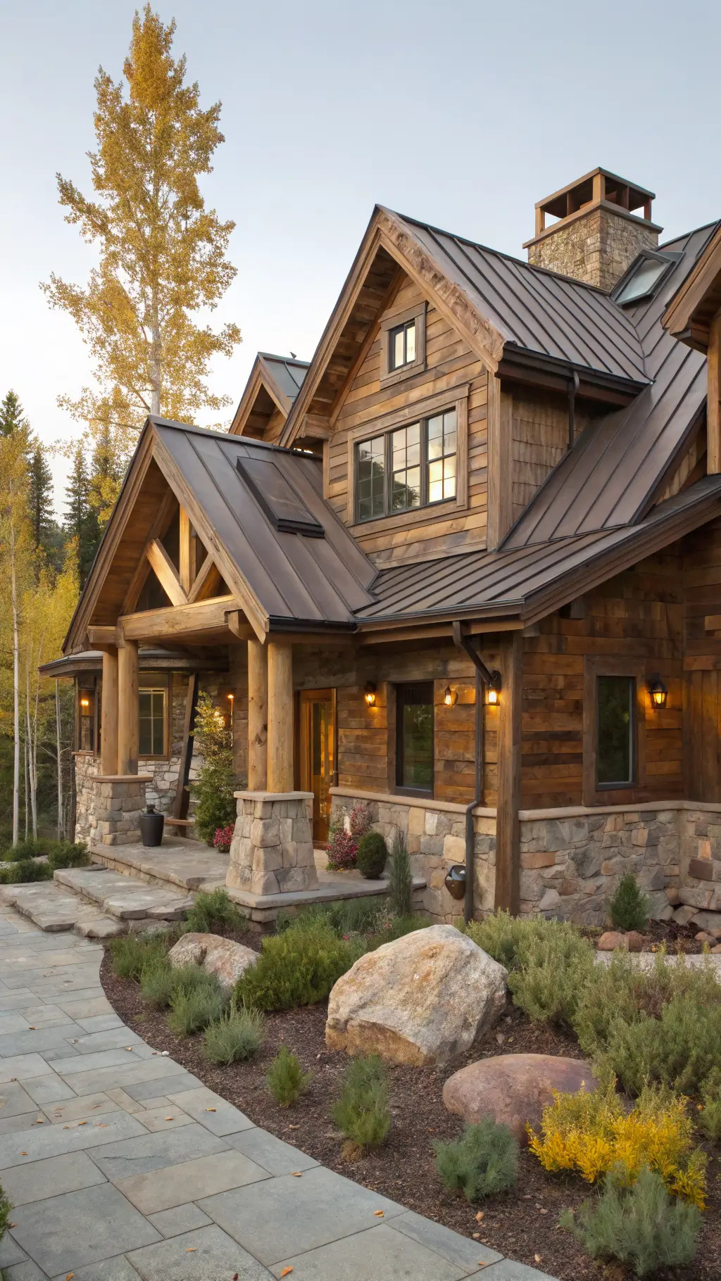 Mountain cabin with bark-on log siding, rough stone, steep copper roof, timber frame entry, surrounded by boulders and alpine plants under warm afternoon light