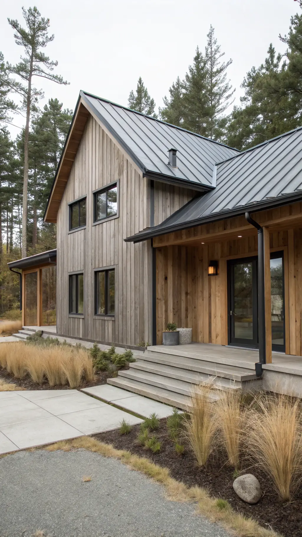 Modern rustic cabin with gray cedar siding, charcoal metal roof, large windows overlooking forest, and concrete steps with minimal landscaping