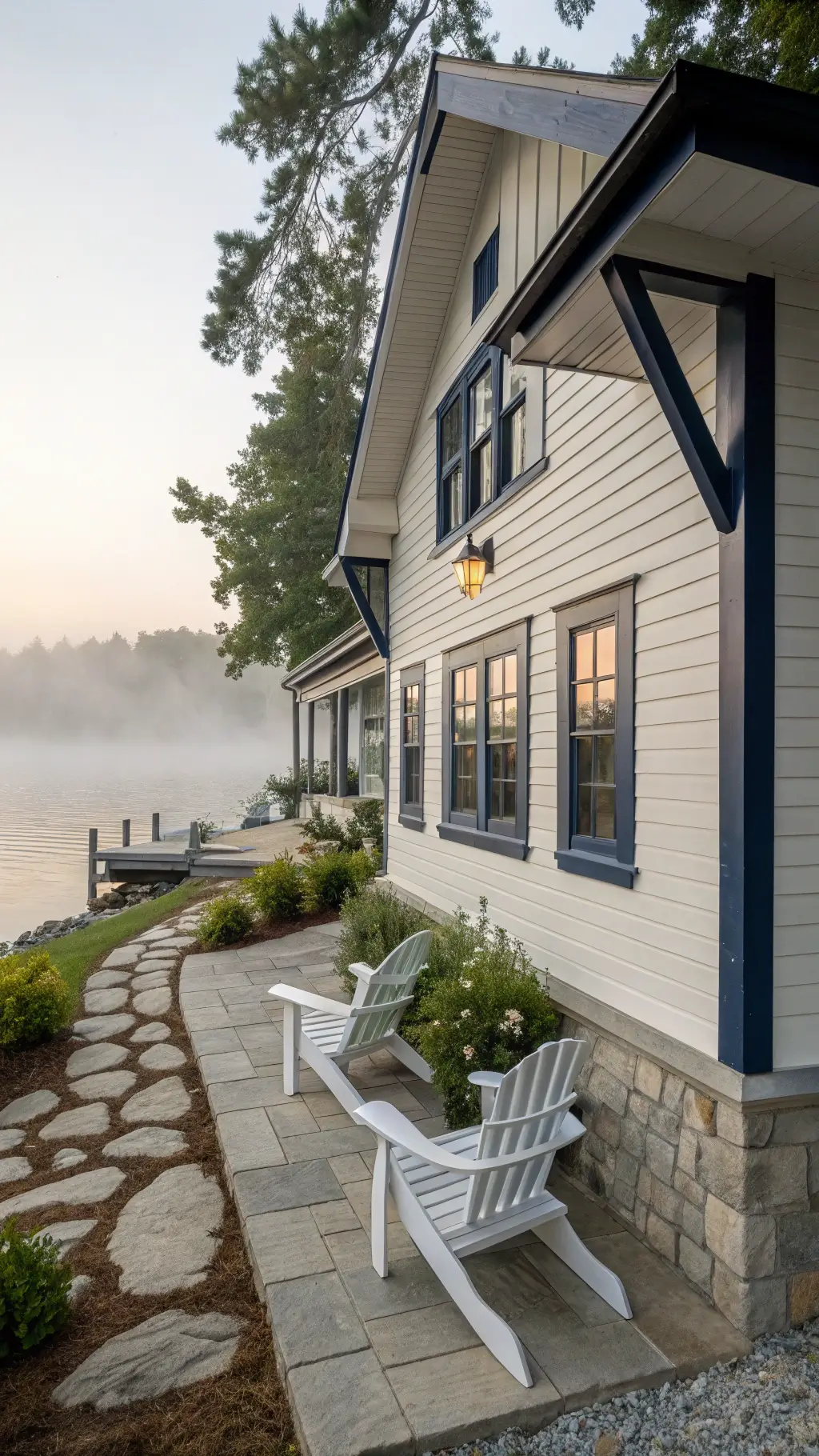 Peaceful lakeside cabin at sunrise with white pine siding, navy trim, screened porch, stone foundation, climbing hydrangea, and Adirondack chairs on pebble patio