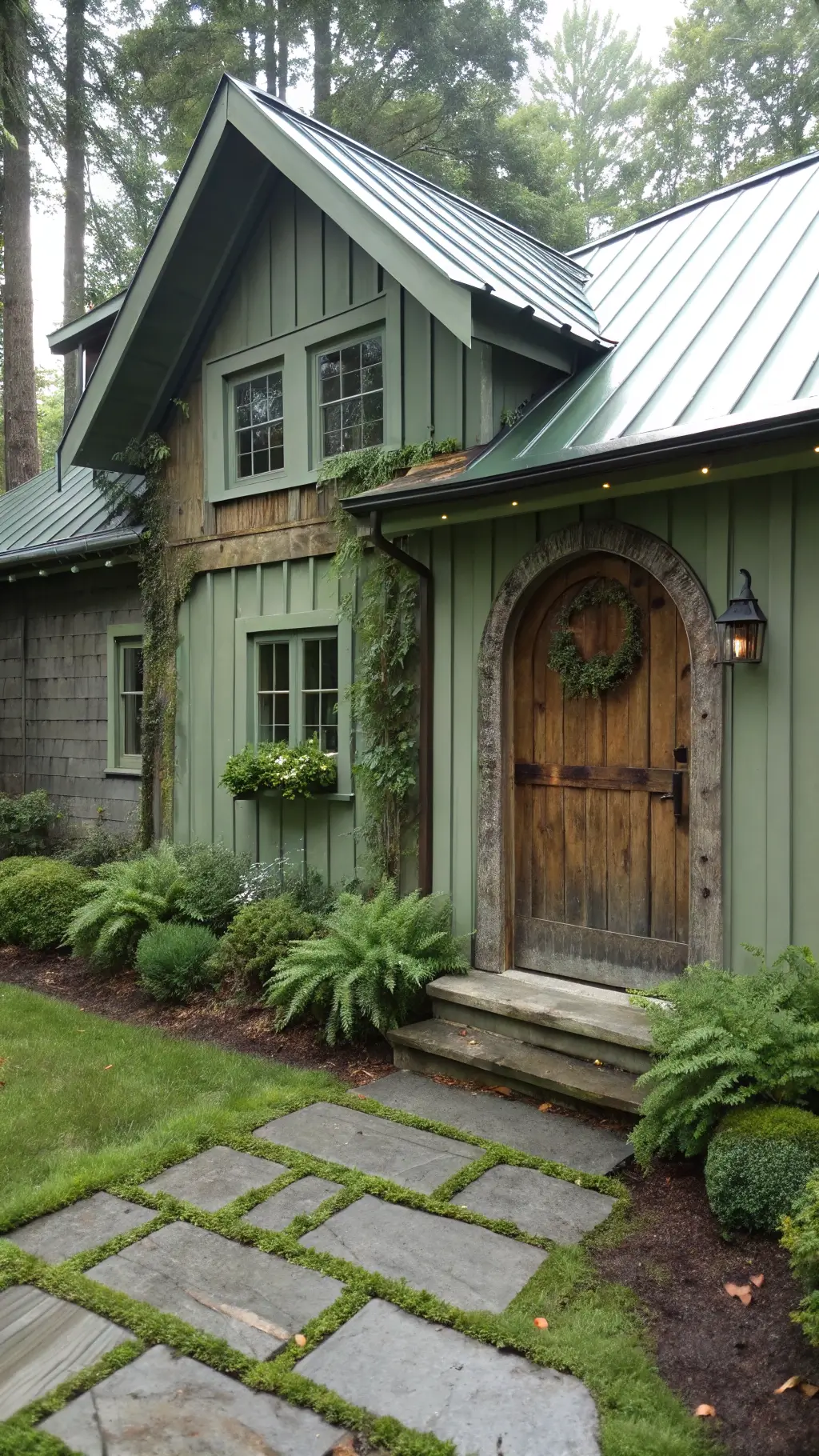 Quaint woodland cottage with sage green cypress siding, weathered zinc roof, arched reclaimed oak door, overflowing window boxes, ferns, vines, moss garden, and stepping stone path