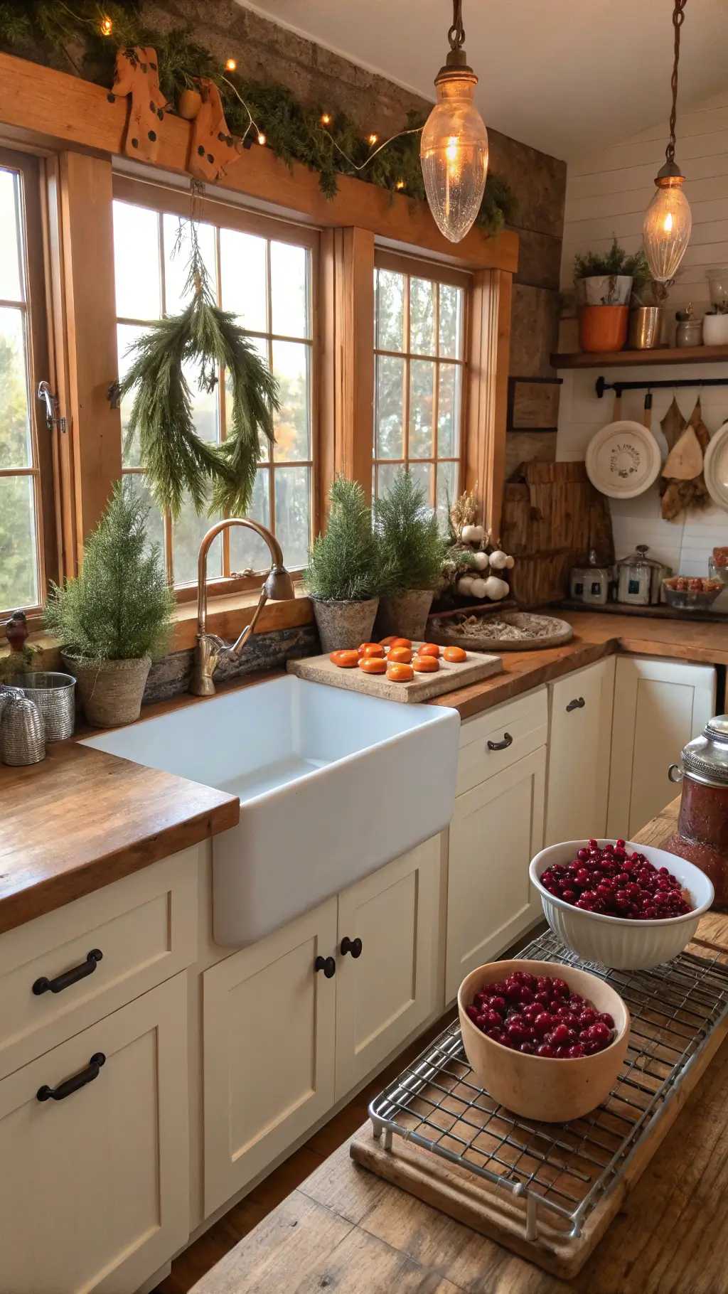 Farmhouse kitchen with vintage Christmas decorations and homemade treats