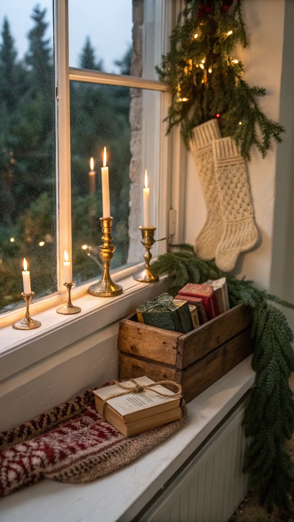 Cozy window nook with vintage brass candlesticks and handmade stockings