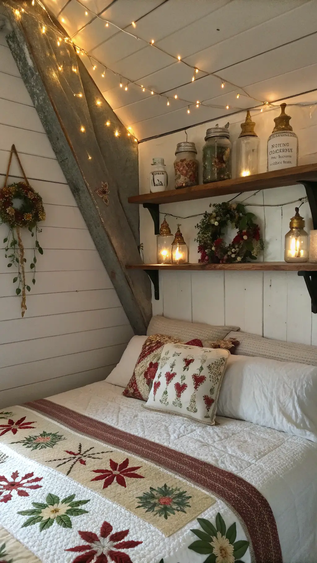 Rustic bedroom corner with botanical bedding and vintage ornaments