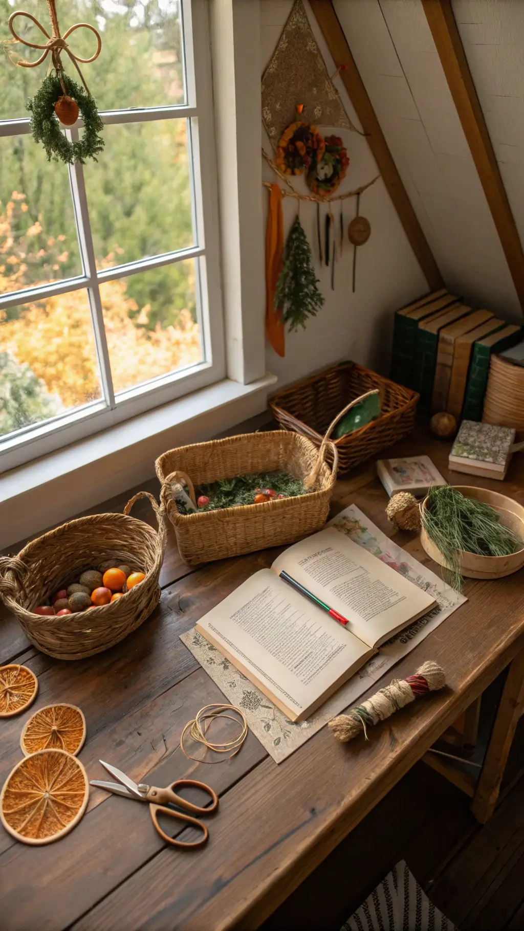 Craft room with vintage wooden table and handmade ornaments