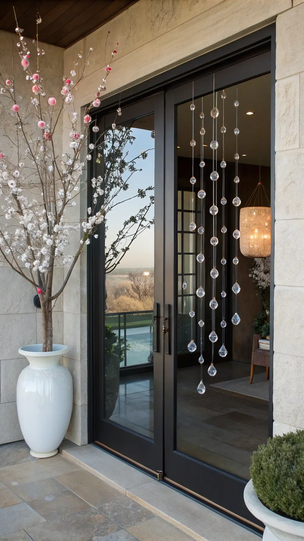 Glass-paneled door adorned with crystal eggs and white pottery cherry blossoms