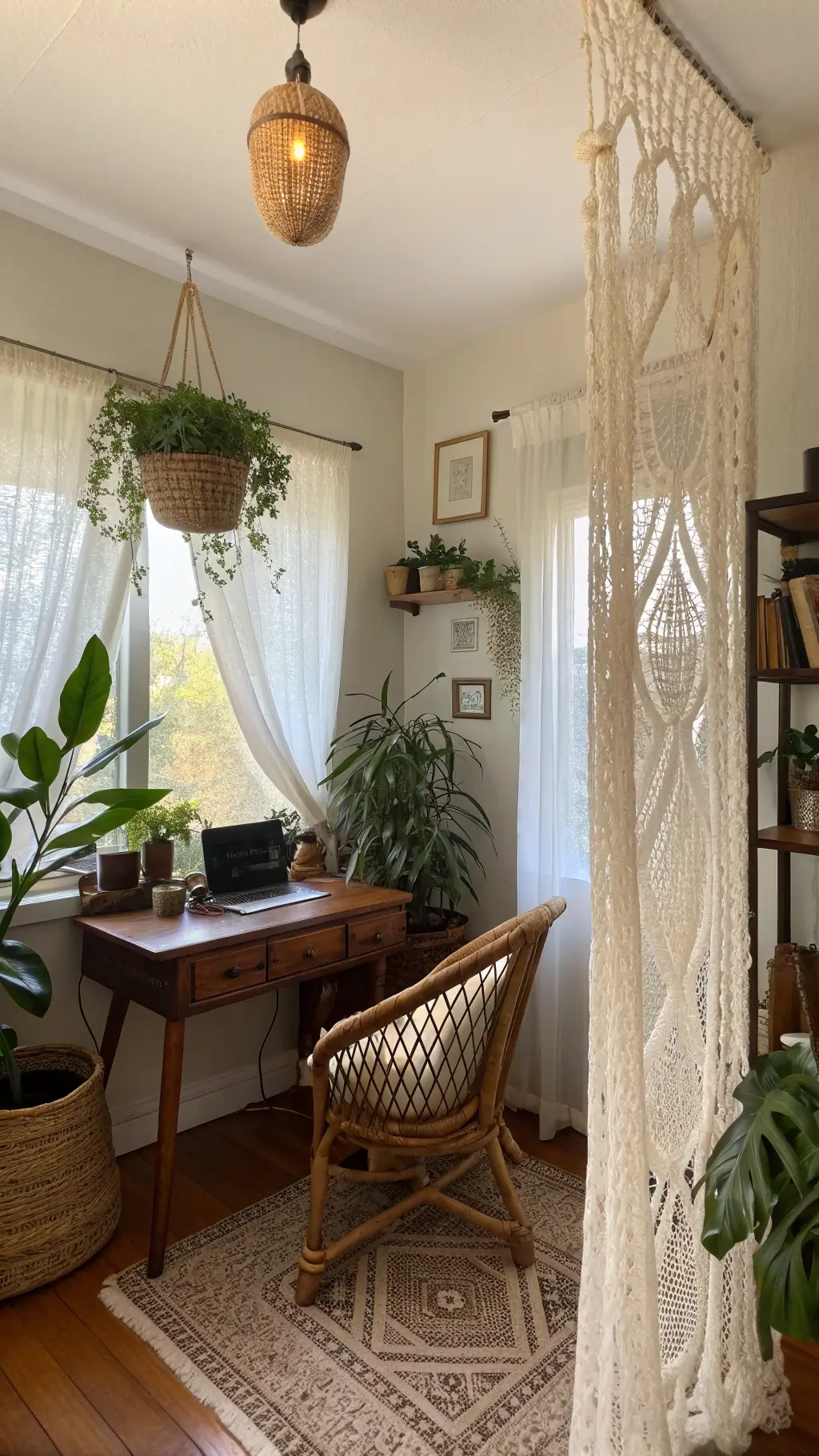 Bohemian style home office nook with natural rattan, vintage wood, trailing plants, pendant lighting, woven textures, and sage green accents