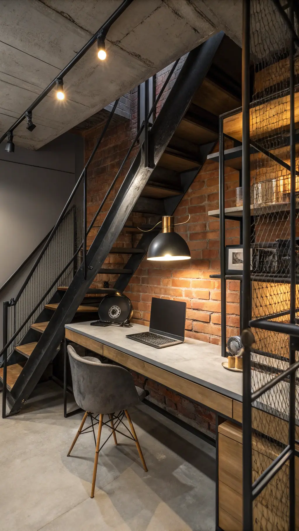 Modern industrial under-stair office nook with metal pipes, concrete textures, black matte finishes, warm wood, exposed brick, pendant lighting, wire mesh, and vintage factory stools