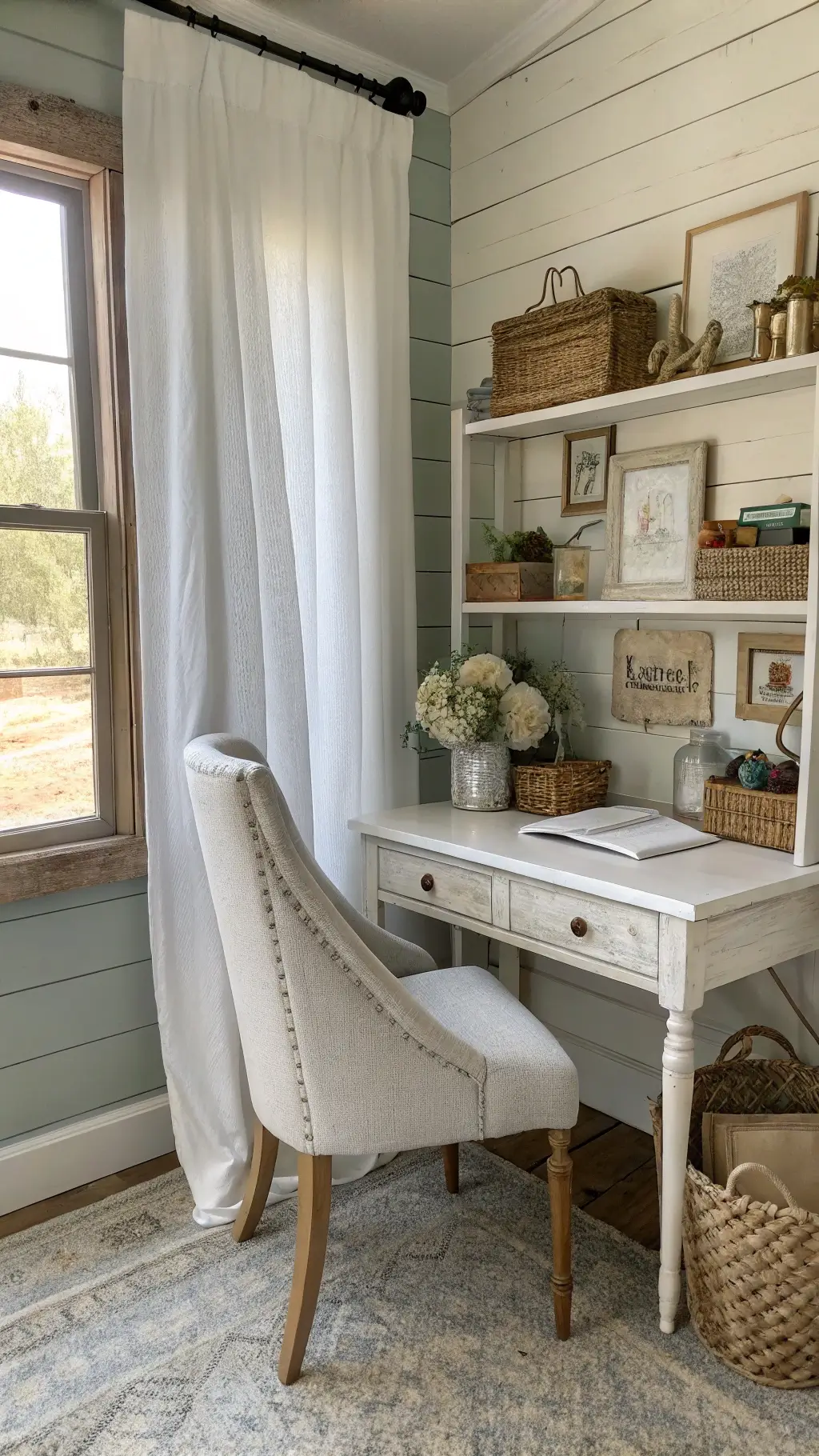 Farmhouse chic alcove with distressed white linen, shiplap accents, open shelving, vintage ceramics, and dried florals in blue tones