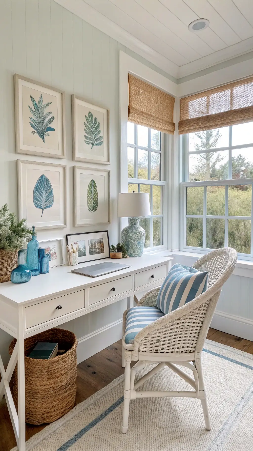Bright coastal-inspired workspace with white desk, coral blue glass accents, rattan chair, striped linen, botanical prints, and jute rug near large windows