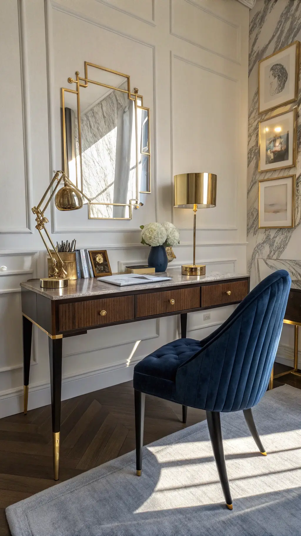 Art Deco-inspired study nook with dark walnut desk, brass inlay, navy velvet chair, crystal lamp, gilded mirrors, marble accessories, and black and white photography