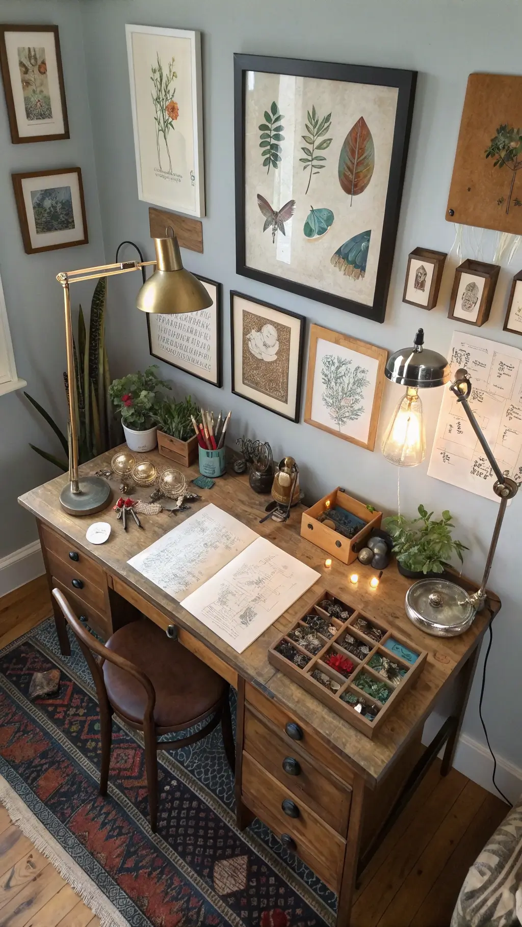 Eclectic artist's corner with vintage drafting table, art supplies, mixed metal lighting, and gallery wall illuminated by natural light