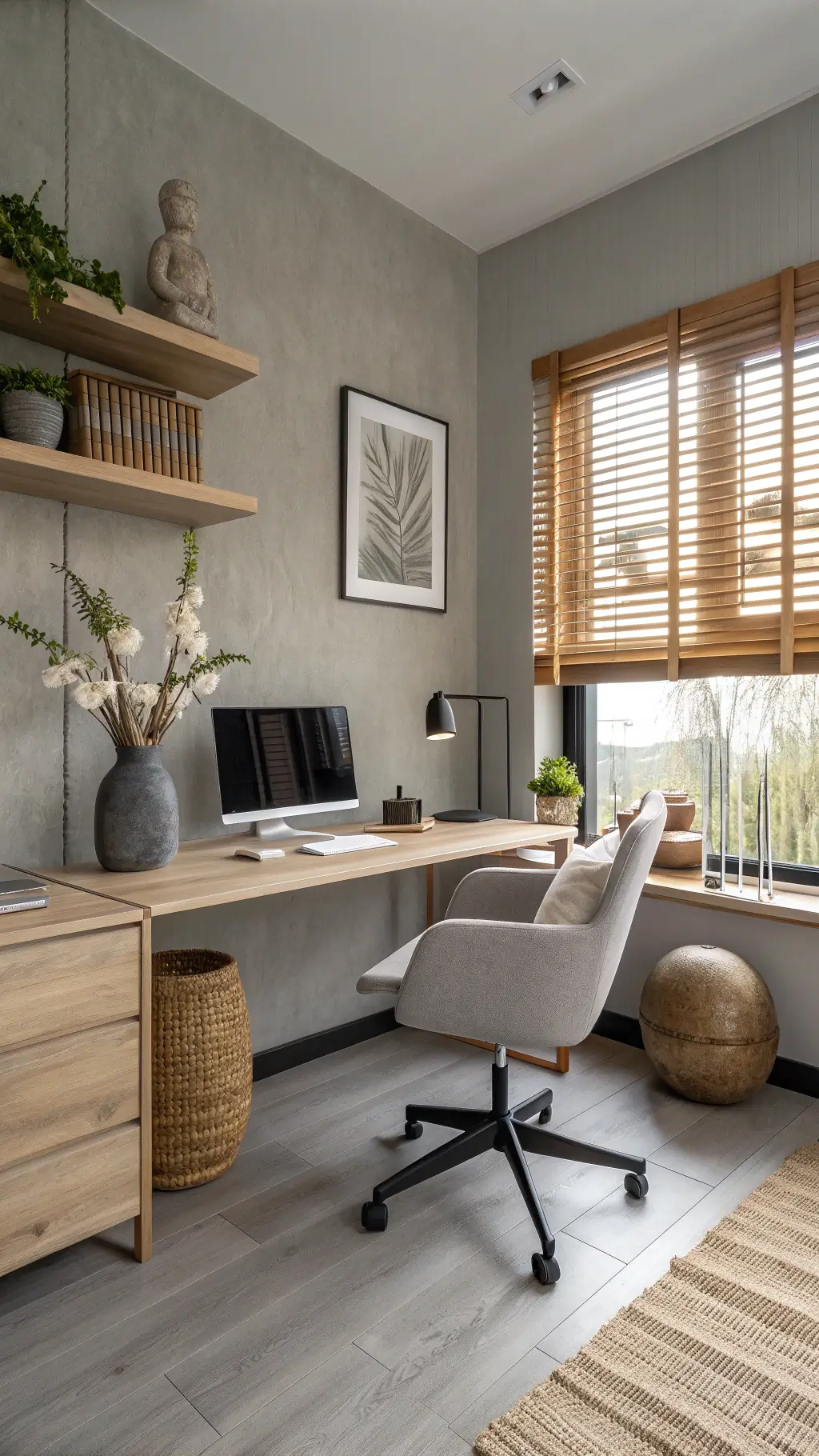 Contemporary zen office with soft afternoon light, bamboo accents, floating bleached oak shelves, ergonomic linen chair, and ikebana-inspired decor